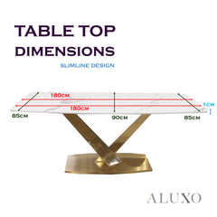 Vittoria 1.8m Slimline Gold Dining Set – White Sintered Stone Table with 4/6/8 Bjorn Velvet Chairs