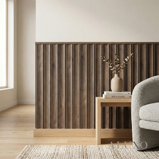 Pre-Cut Wainscoting Wall Panel Kit - Wave Walnut (196cm x 100cm) | Ready-to-Install Scalloped Half-Wall