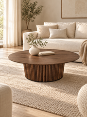 Rowen 130cm Oval Walnut Coffee Table with Ribbed Pedestal Base