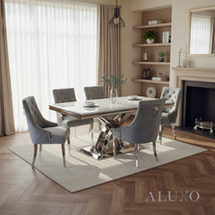 Xena 1.8m Light Grey Marble Chrome Dining Table with 4/6/8 Bentley Grey Velvet Lion Knocker Chairs Set
