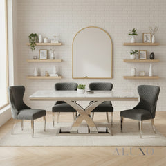 Xena 1.8m Light Grey Marble Chrome Dining Table with 4/6/8 Chelsea Velvet Chairs Set