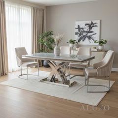 Xena 1.8m Chrome Dining Set โ Light Grey Marble Table with 4/6 Olivia Beige Velvet Chairs
