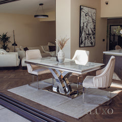 Xena 1.8m Rectangular Chrome Dining Set โ Cream Marble Table with 4/6 Olivia Velvet Chairs