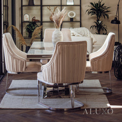 Xena 1.8m Rectangular Chrome Dining Set โ Cream Marble Table with 4/6 Olivia Velvet Chairs