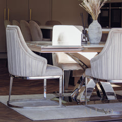 Xena 1.8m Rectangular Chrome Dining Set โ Cream Marble Table with 4/6 Olivia Velvet Chairs