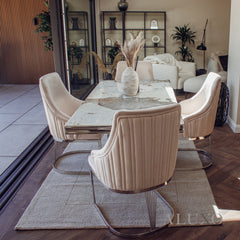 Xena 1.8m Rectangular Chrome Dining Set โ Cream Marble Table with 4/6 Olivia Velvet Chairs
