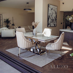 Xena 180cm Marble Dining Table with Chrome Double X Base – White | Light Grey | Cream | Black&Gold