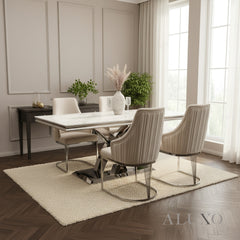 Xena 1.8m Rectangular Chrome Dining Set โ White Marble Table with 4/6 Olivia Velvet Chairs