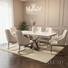 Xena 1.8m Rectangular Chrome Dining Set โ White Marble Table with 4/6 Olivia Velvet Chairs