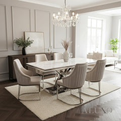 Xena 1.8m Rectangular Chrome Dining Set โ White Marble Table with 4/6 Olivia Velvet Chairs