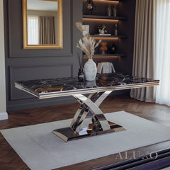 Xena 180cm Marble Dining Table with Chrome Double X Base – 5 Marble Colour Options