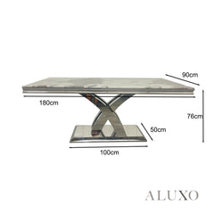 Xena 1.8m Light Grey Marble Chrome Dining Table with 4/6/8 Bentley Grey Velvet Lion Knocker Chairs Set