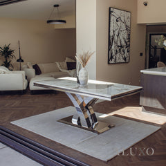 Xena 180cm Marble Dining Table with Chrome Double X Base – 5 Marble Colour Options