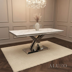 Xena 180cm Marble Dining Table with Chrome Double X Base – White | Light Grey | Cream | Black&Gold