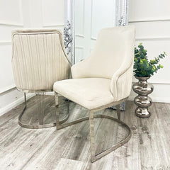Olivia Beige Velvet Dining Chair | Fluted Back with Chrome Stainless Steel Frame