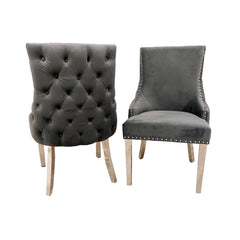 Oskar Velvet Dining Chair | Deep Button Back with Chrome Legs - Beige / Dark Grey