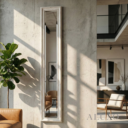 Lumi Antique White Narrow Slim Wall Mirror - 135cm x 19cm