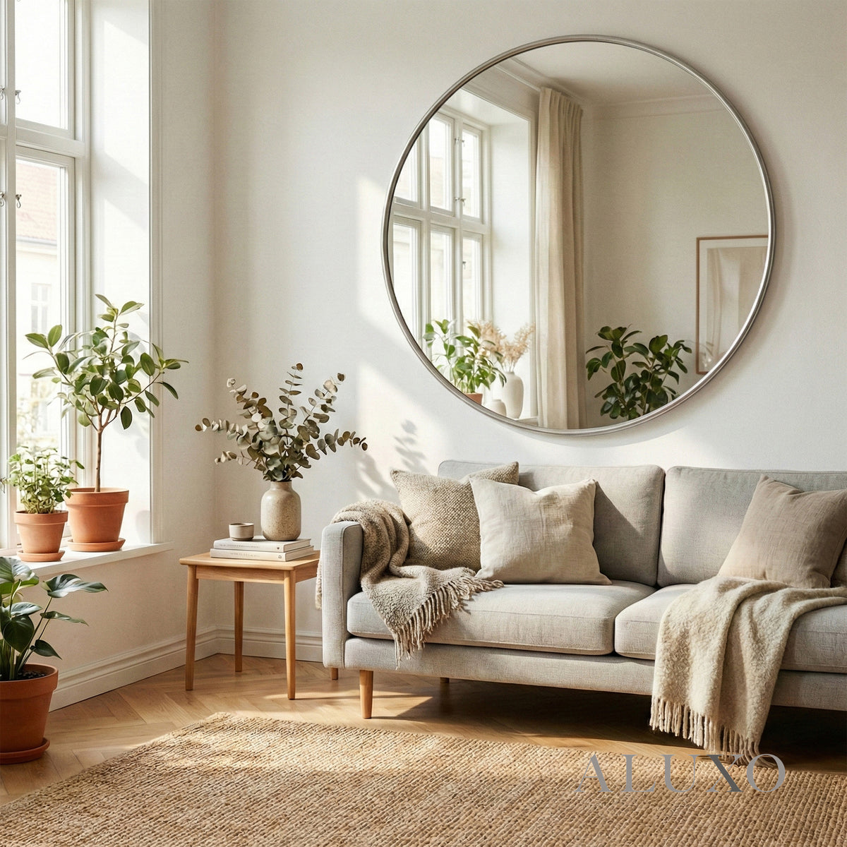 Orel Large Circular Statement Wall Mirror in Silver Foil - 125cm