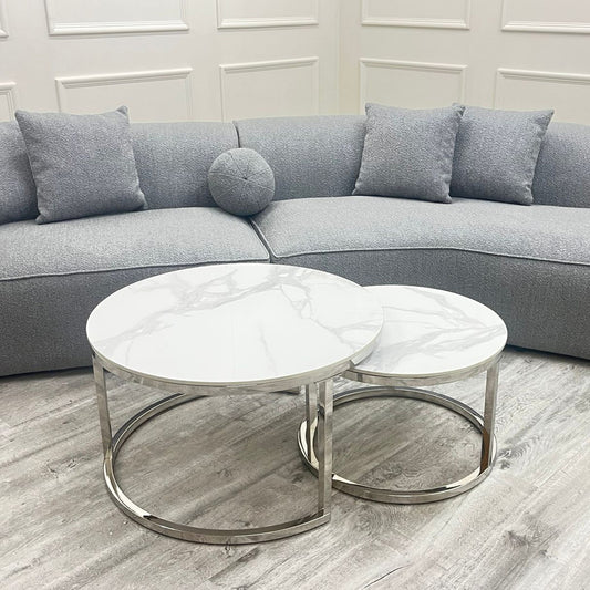 Kaito Nest of 2 Short Round Coffee Silver Tables with Polar White Sintered Stone Tops