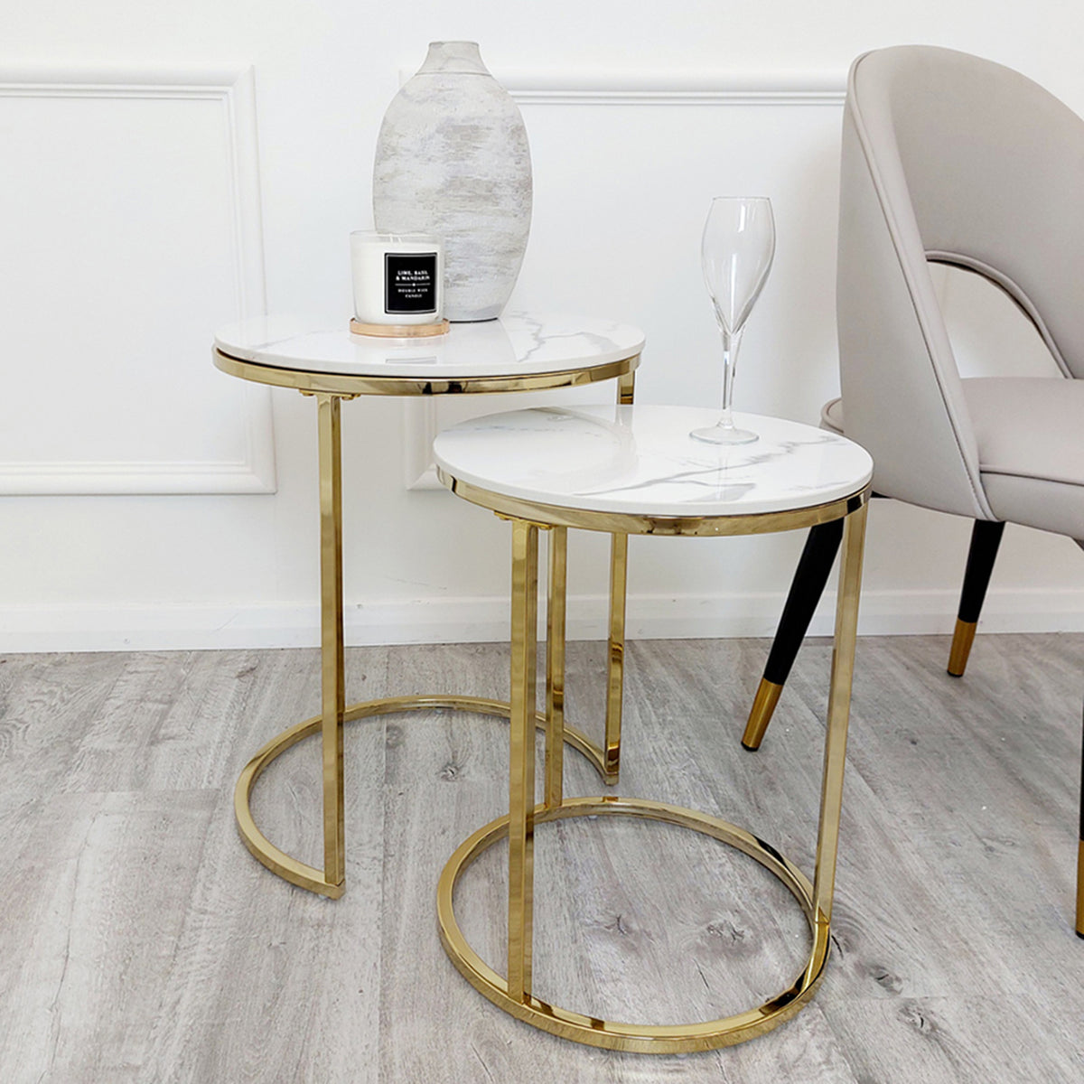 Kaito Nest of 2 Tall Gold End Tables with Polar White Sintered Stone Tops