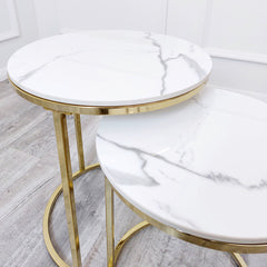 Kaito Nest of 2 Tall Gold End Tables with Polar White Sintered Stone Tops