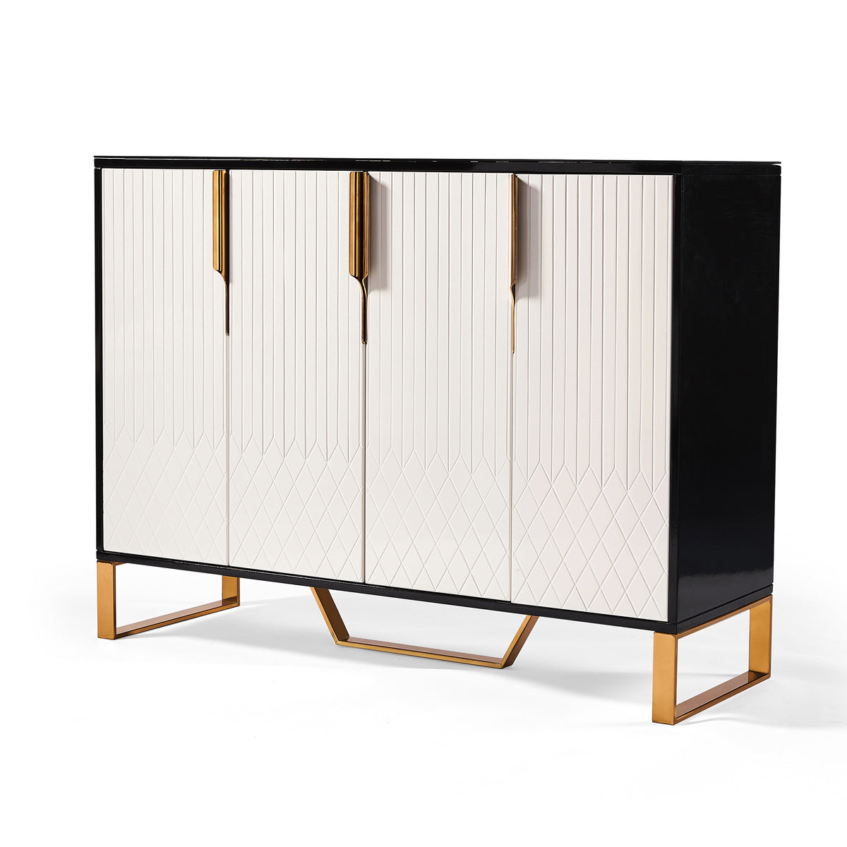 Alvar 120cm 4-Door Ribbed Sideboard Cabinet – Black Glass Top, Gold Frame, Fully Assembled