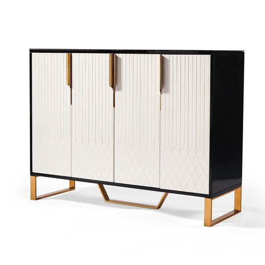 Alvar 120cm 4-Door Ribbed Sideboard Cabinet – Black Glass Top, Gold Frame, Fully Assembled