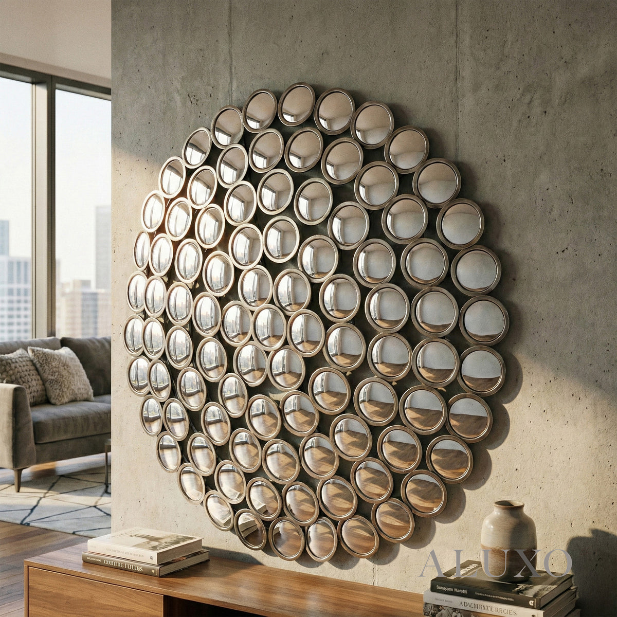 Siv Large Round Convex Antiqued Silver Multi Mirror - 100cm