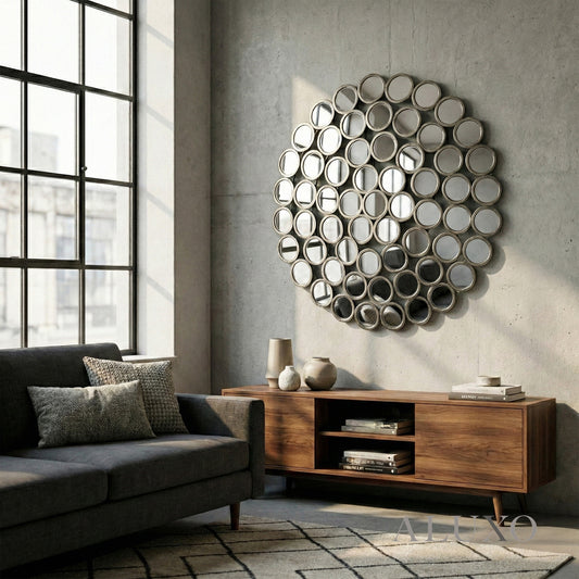 Siv Large Round Convex Antiqued Silver Multi Mirror - 100cm