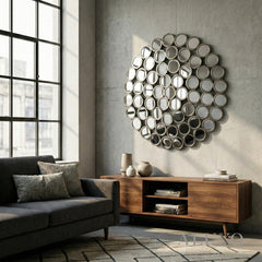 Siv Large Round Convex Antiqued Silver Multi Mirror - 100cm