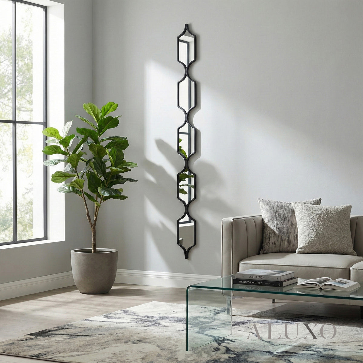 Elden Geometric Linked Slim Wall Mirror in Matte Black - 145cm