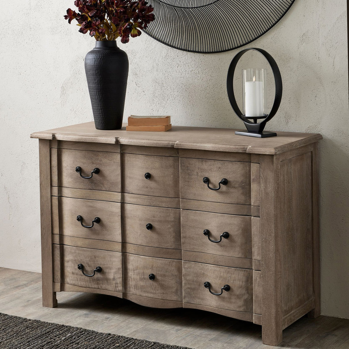 Copgrove 3 Drawer Chest – Washed Wood French Style Cabinet with Iron Handles, 120cm