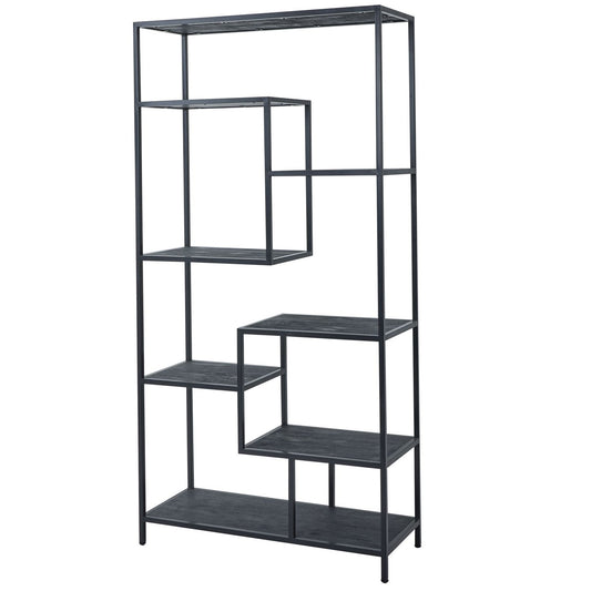 Large Black Industrial Shelf Unit – 7-Tier Asymmetric Metal Display, 200cm Architectural Style