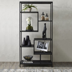 Large Black Industrial Shelf Unit – 7-Tier Asymmetric Metal Display, 200cm Architectural Style