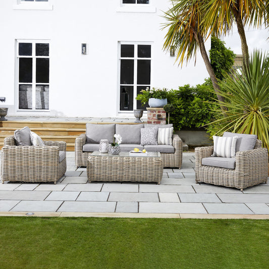 Amalfi 5-Seater Outdoor Furniture Set – Beige Rattan Sofa & Armchairs with Acacia Wood Coffee Table
