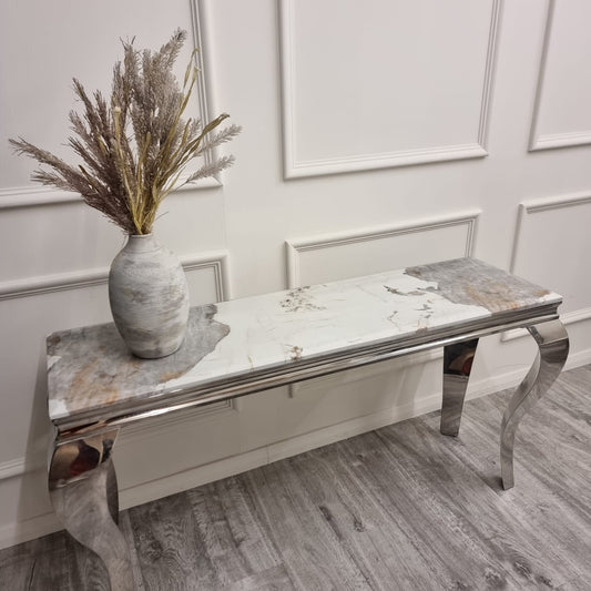 Linus Chrome Console Table – 140x40cm Pandor Marble Top, Stainless Steel Legs