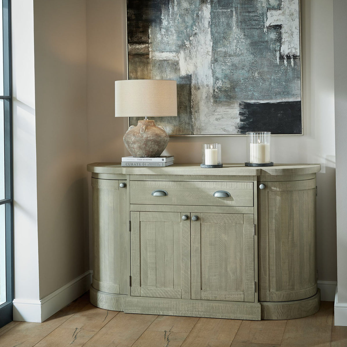 Saltaire 4 Door Sideboard with Drawer – Curved Grey Pine Storage Unit, 153cm