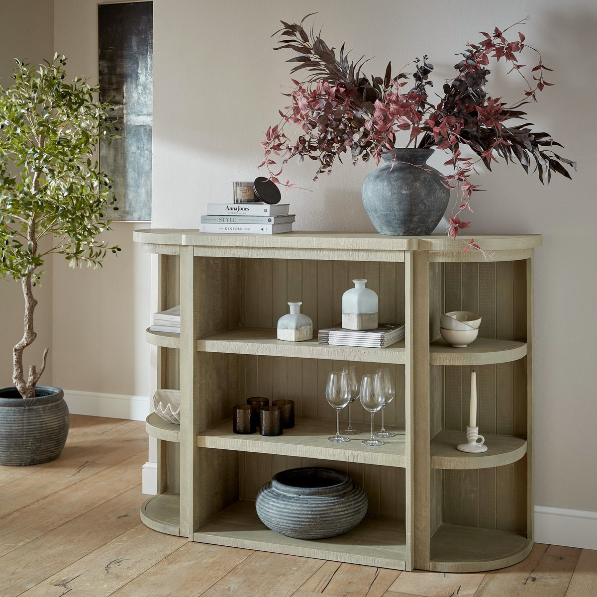 Saltaire 3-Shelf Dresser Top – Grey Pine Display Unit with Organic Curves, 153cm