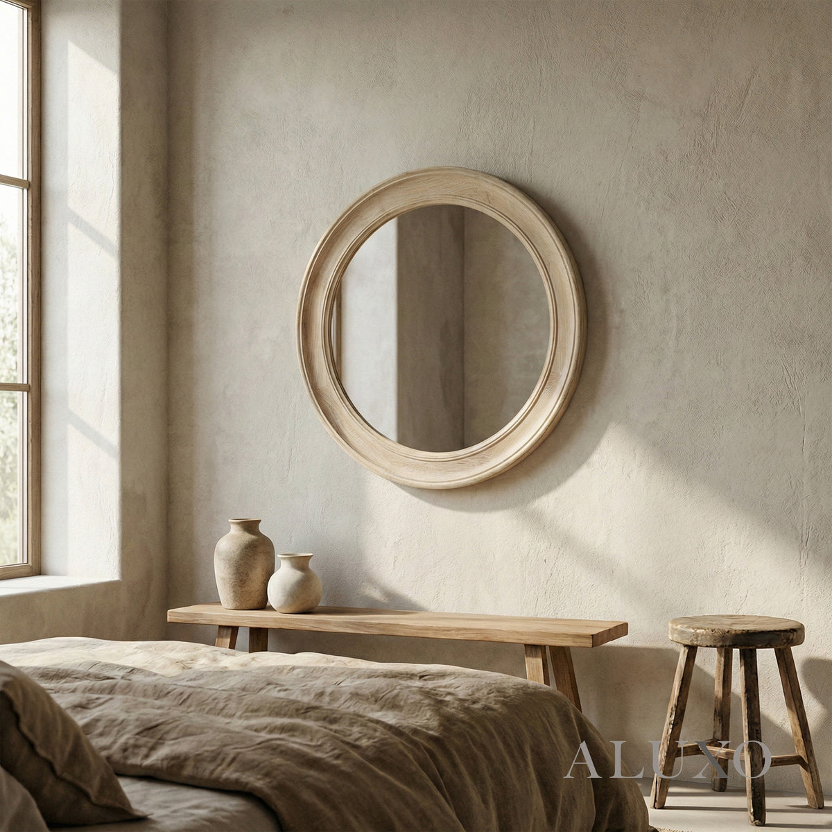 Orel Medium Washed Wood Round Wall Mirror in Antique White - 90cm
