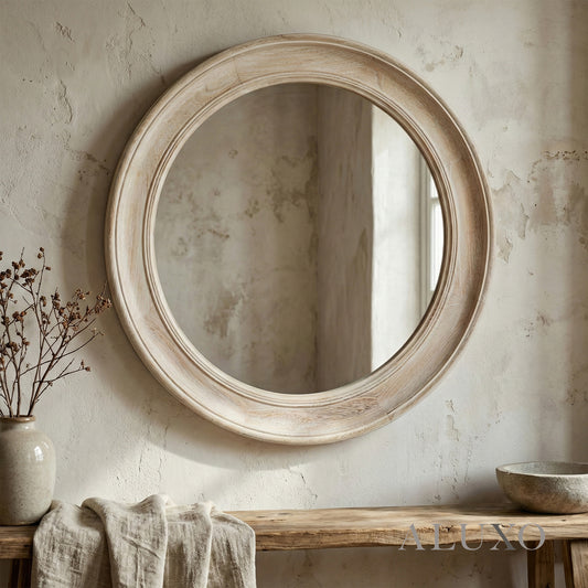 Orel Medium Washed Wood Round Wall Mirror in Antique White - 90cm