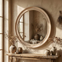 Orel Large Washed Wood Round Wall Mirror in Antique White - 120cm