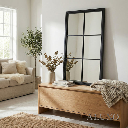 Torin Black Wood Large Window Wall Mirror - 150cm