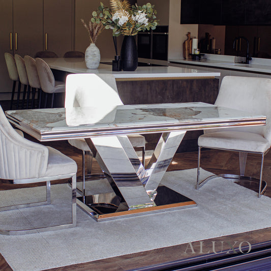 Valeria 180cm Marble Dining Table with Chrome \V Base – 5 Marble Colour Options
