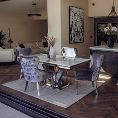 ALUXO® Soren Velvet Dining Chair | Buttoned Back with Chrome Lion Knocker