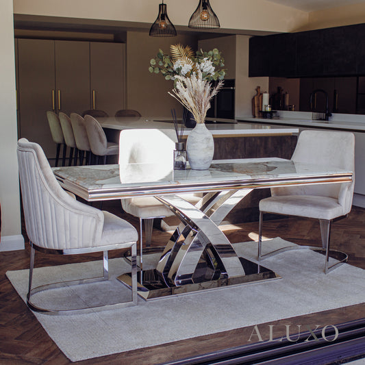 Xena 180cm Marble Dining Table with Chrome Double X Base – 5 Marble Colour Options