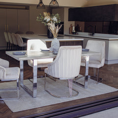 Olivia Beige Velvet Dining Chair | Fluted Back with Chrome Stainless Steel Frame