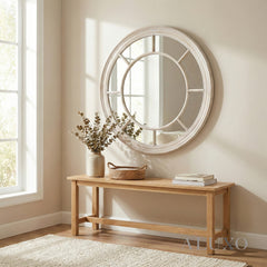 Torin Round Washed Wood Wall Mirror in Antique Brown - 90cm