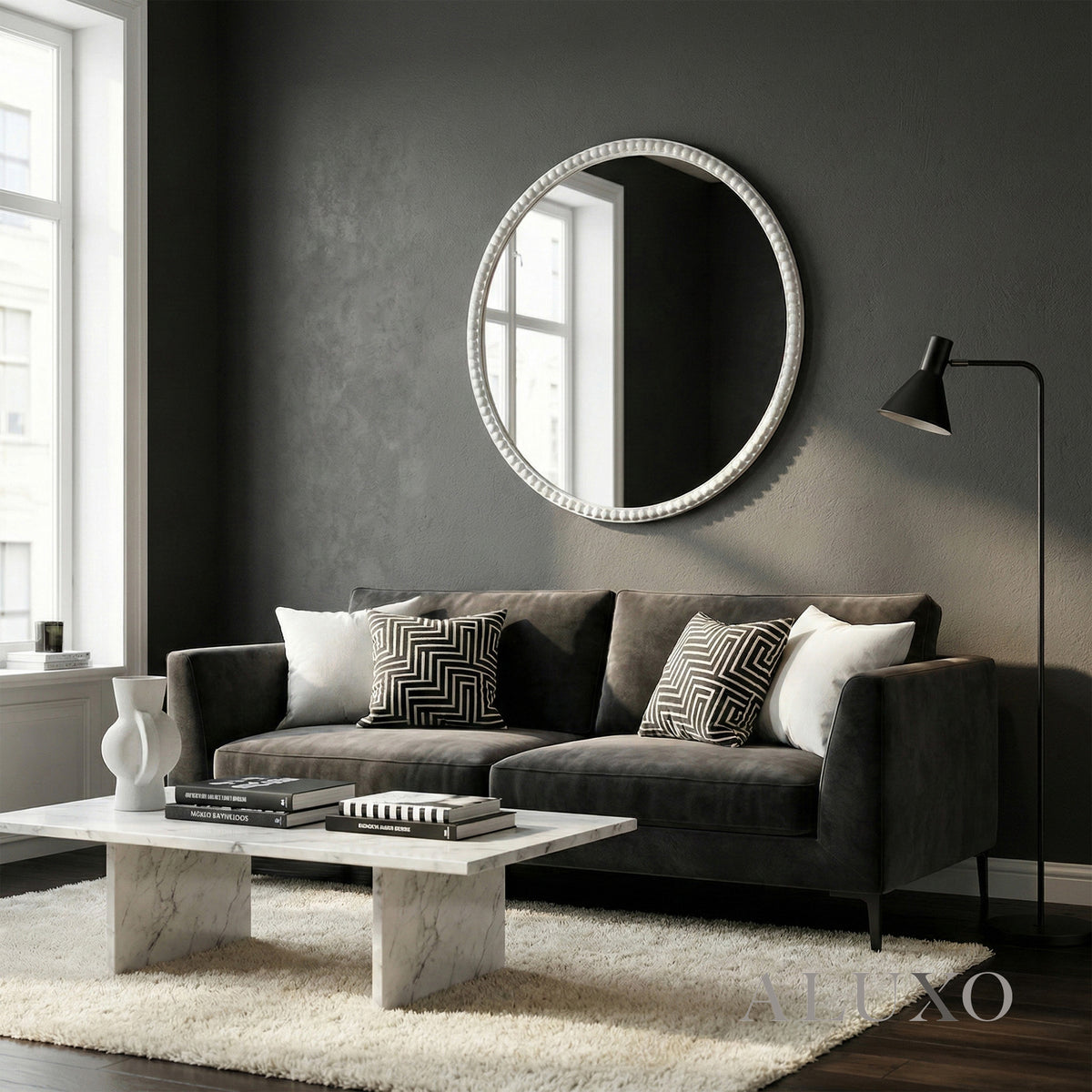 Orel Washed Wood Beaded Round Wall Mirror - 76cm