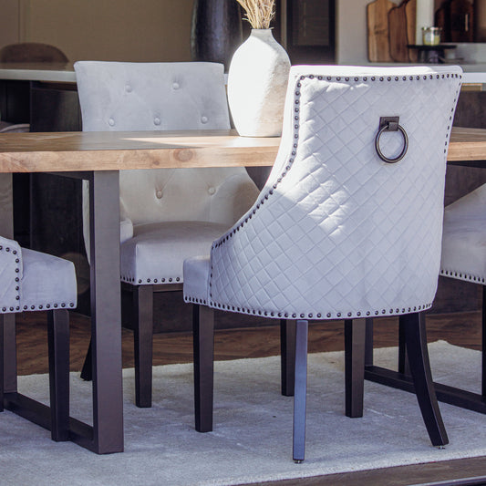 Gunnar Grey Velvet Dining Chair | Studded & Quilted Back, Wood Legs
