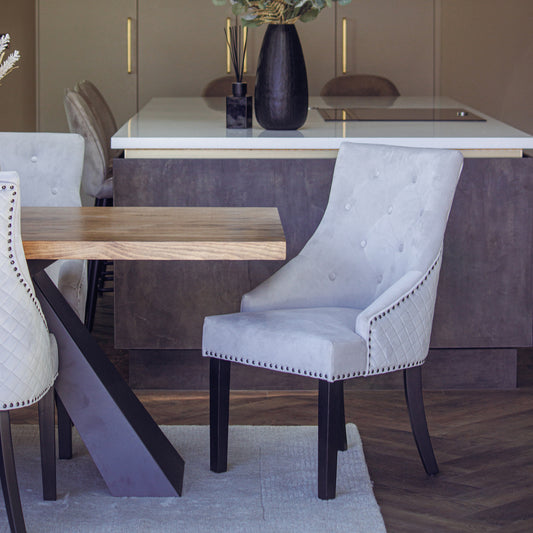 Gunnar Grey Velvet Dining Chair | Studded & Quilted Back, Wood Legs